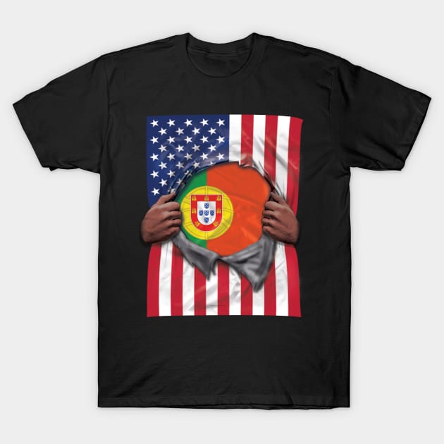 Portugal Flag American Flag Ripped - Gift for Portuguese From Portugal T-Shirt by Country Flags